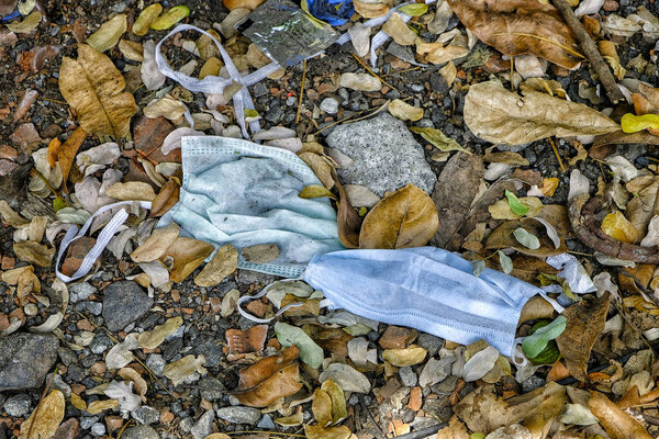 Masks thrown on the floor during lockdown due to the Covid-19 pandemic.