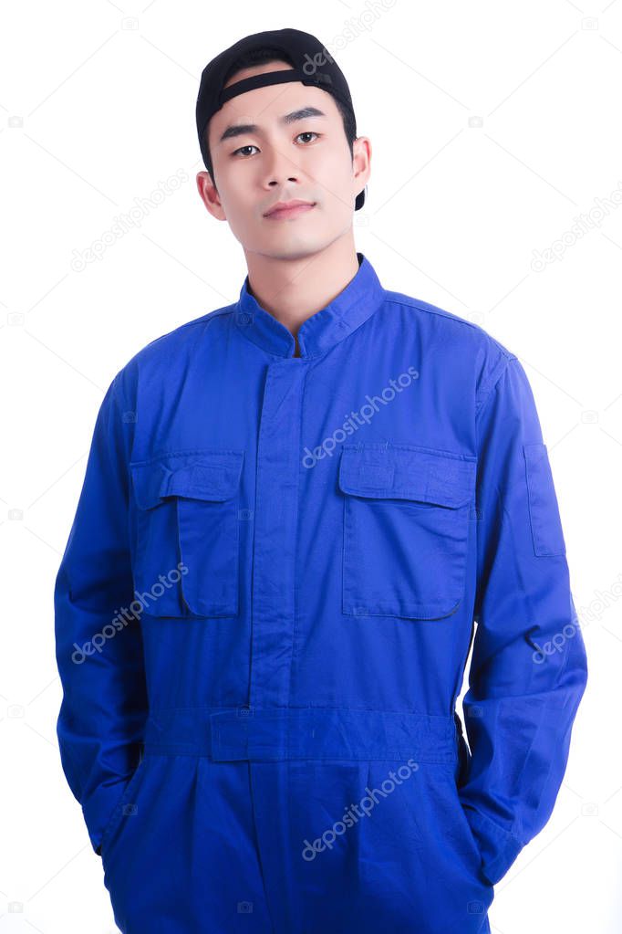 Man in blue uniform suit wearing a hat and pose acting in portra