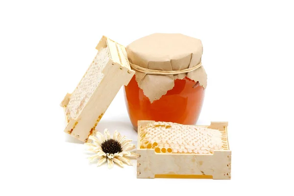 Honeycombs Wooden Frame Jar Honey White Background — 스톡 사진