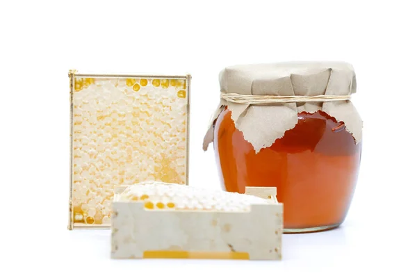 Honeycombs Wooden Frame Jar Honey White Background — 스톡 사진