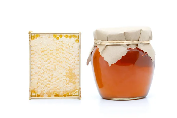 Honeycombs Wooden Frame Jar Honey White Background — Stock Photo, Image