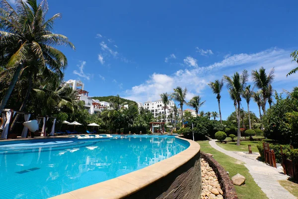 Piscina Tumbonas Sombrillas Los Trópicos Mediodía — Foto de Stock