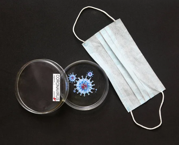 Picture Coronavirus Drawn Petri Dish Black Background Disposable Mask — Stock Photo, Image