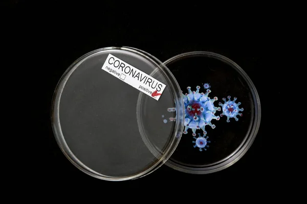 Picture Coronavirus Drawn Petri Dish Black Background — Stock Photo, Image