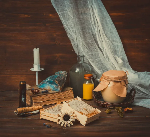 Workshop Ancient Alchemist Honey Herbs Book Candle Wooden Background Retro — Stock Photo, Image