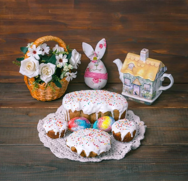 Traditional Orthodox Easter luncheon with the Easter baskets and colored  eggs