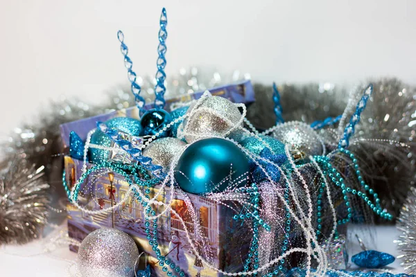 Boîte Avec Décorations Noël Blanc Bleu — Photo