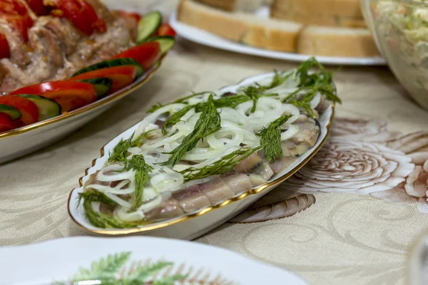 Oblong Oval Dish Herring Onions Dill Laid Festive Table — 스톡 사진