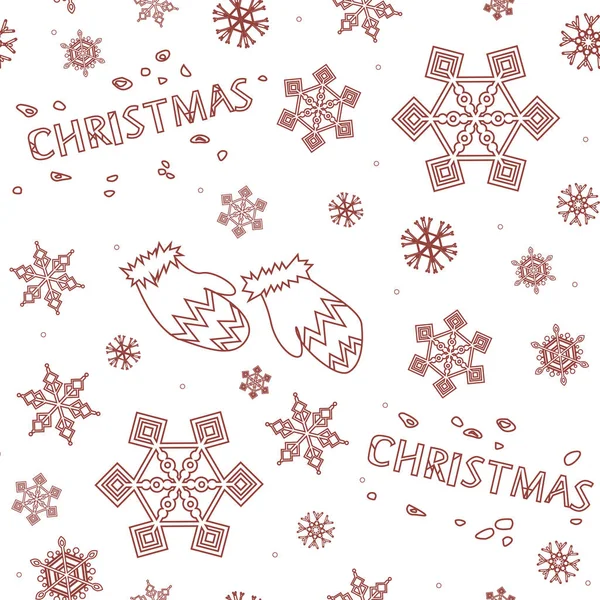 Un patrón sin costuras de Navidad con manoplas de contorno rojo, copo de nieve — Vector de stock