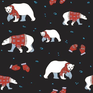 Karikatür kutup ayılarının olduğu kusursuz bir Noel çizimi. 