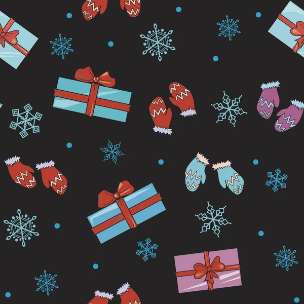 Un modello senza cuciture di Natale con guanti, regali e fiocchi di neve — Vettoriale Stock