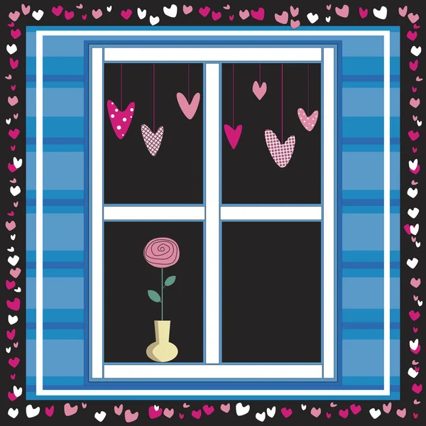 Окно украшено сердцами и розой в вазе на ветру — стоковый вектор