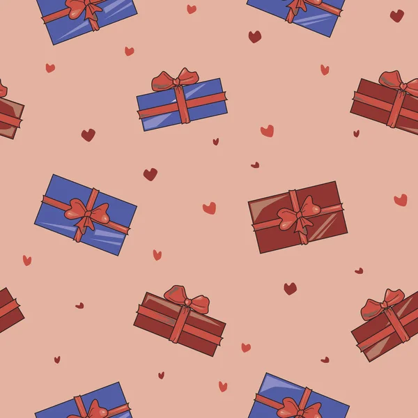 Mavi ve kırmızı hediye kutuları ve kalpleriyle kusursuz bir desen. — Stok Vektör