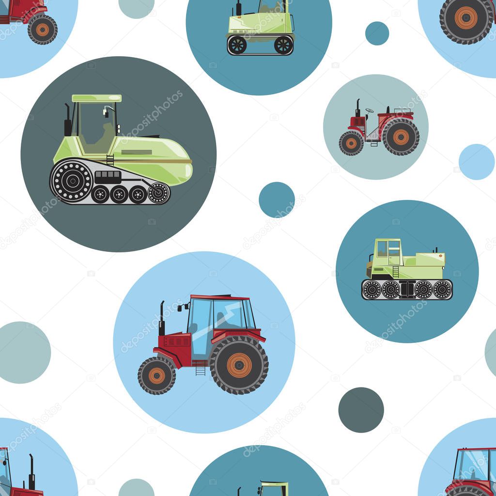 A seamless pattern with cartoon tractors for children and a boy,