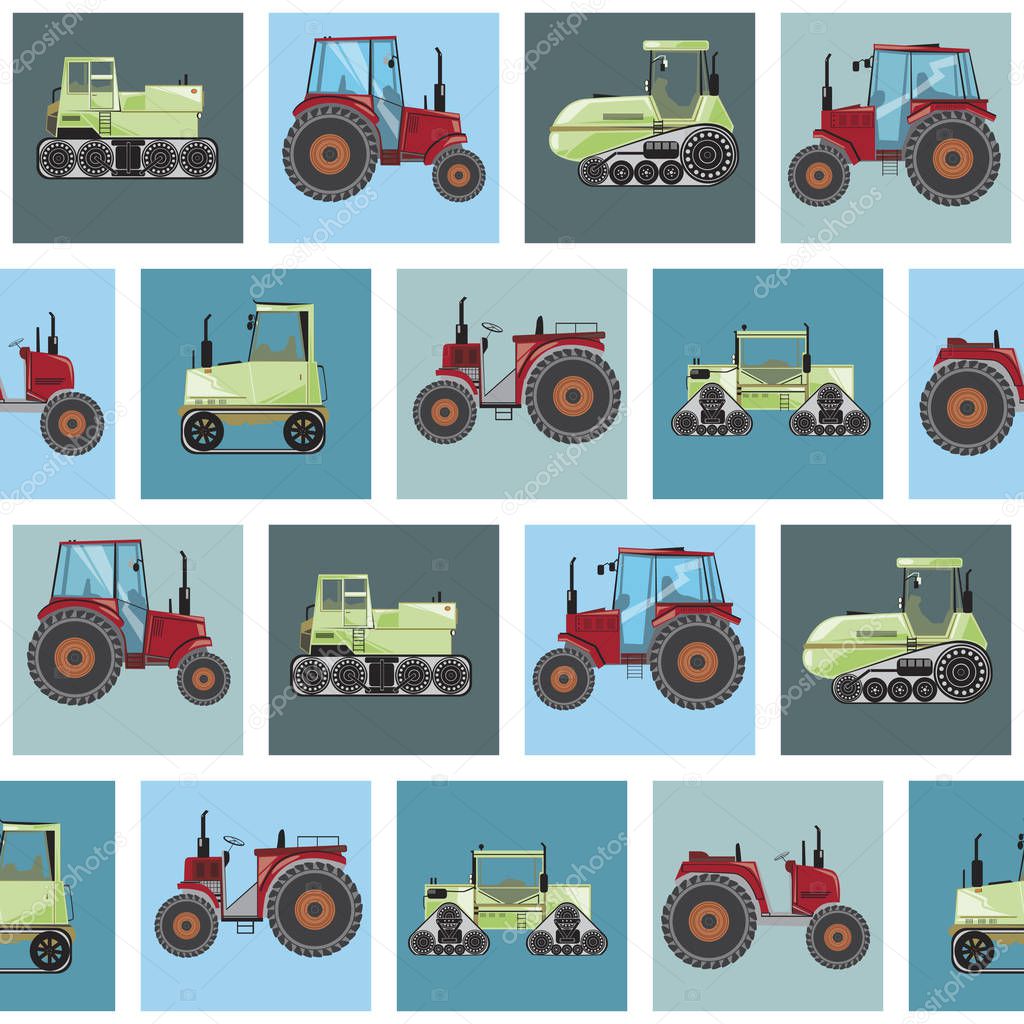A seamless pattern with flat farm tractors for children or boys,