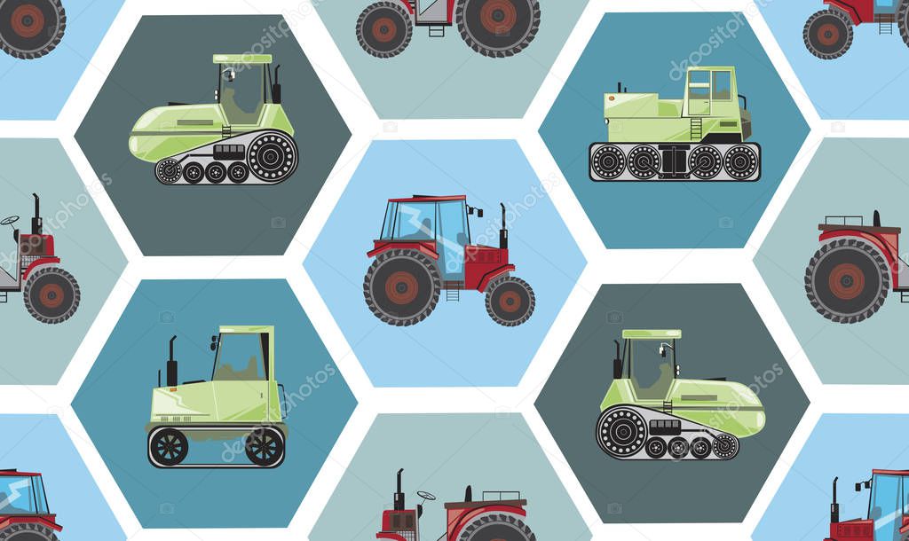 A seamless pattern with tractors for children and boys, a vector