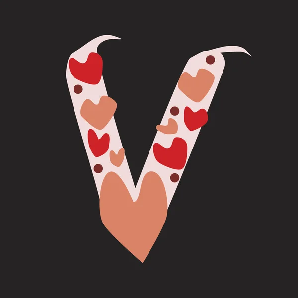 Буква V с красными и розовыми сердечками на черном баке — стоковый вектор