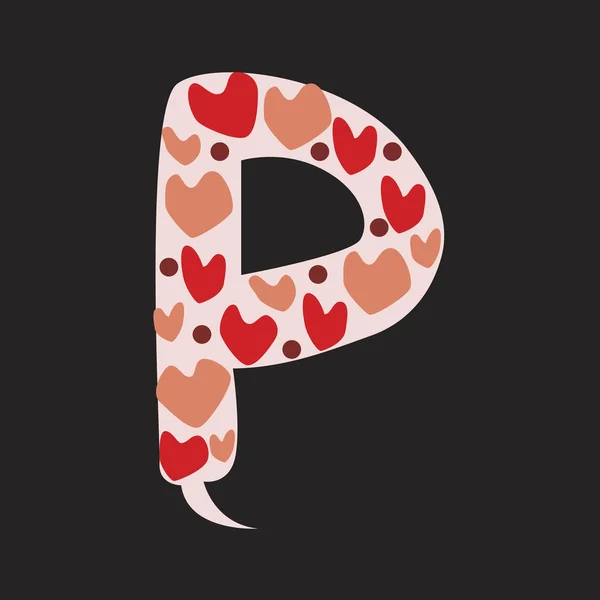 Ein Buchstabe p mit roten und rosa Doodle-Herzen isoliert auf schwarzem Bac — Stockvektor