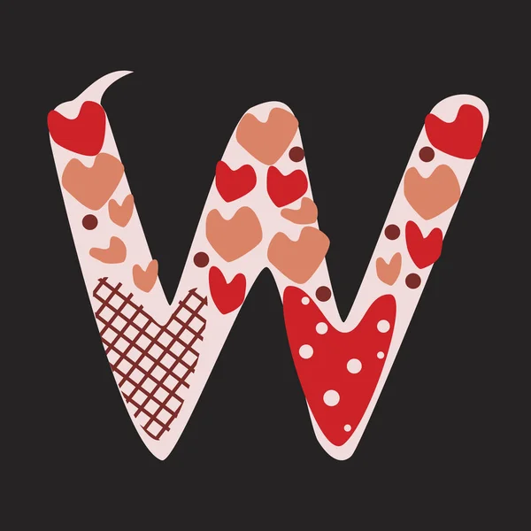 A betű W piros és rózsaszín doodle szív elszigetelt fekete bac — Stock Vector
