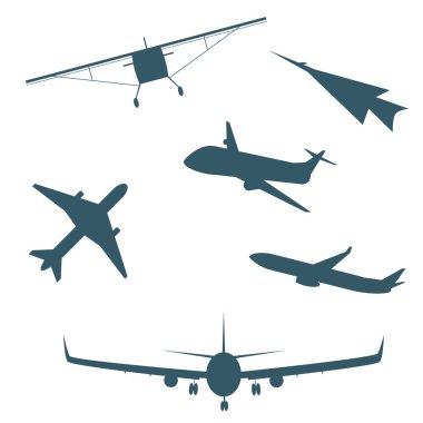 Tasarım için beyaz arkaplanda izole edilmiş bir uçak, bir siluet ve