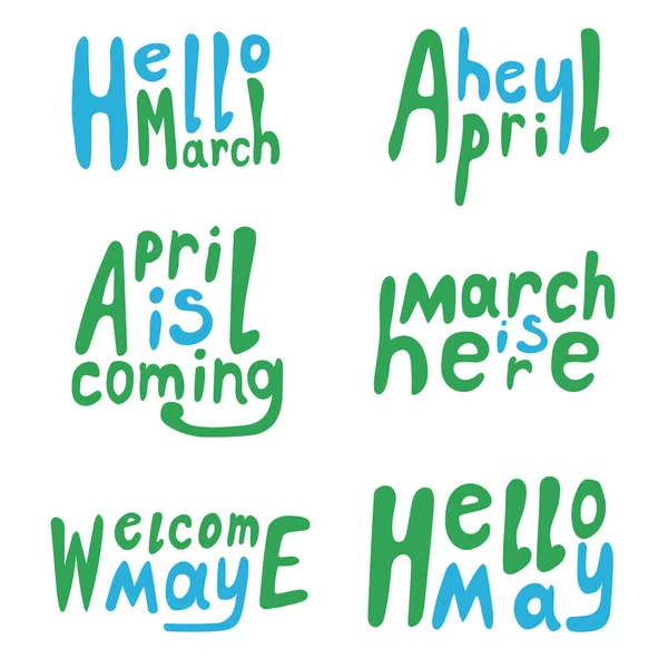 Een belettering met voorjaarstekst Hallo Maart, welkom April, Mei is — Stockvector