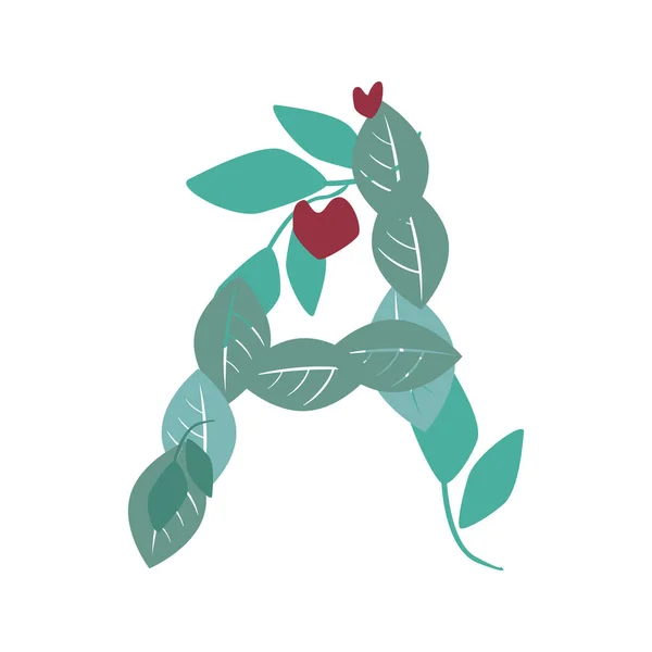 A letter A with green leaves, branches and hearts isolated on a — 스톡 벡터