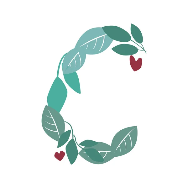 A letter C with green leaves, branches and hearts isolated on a — 스톡 벡터