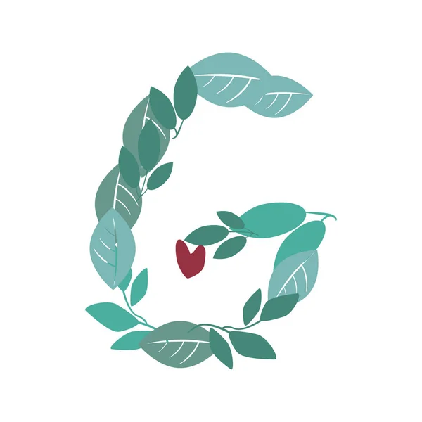 Ένα γράμμα G με πράσινα φύλλα, κλαδιά και καρδιές απομονωμένα σε ένα — Διανυσματικό Αρχείο