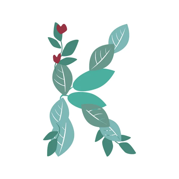 A letter K with green leaves, branches and hearts isolated on a — 스톡 벡터