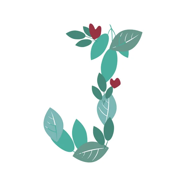 A letter J with green leaves, branches and hearts isolated on a — 스톡 벡터