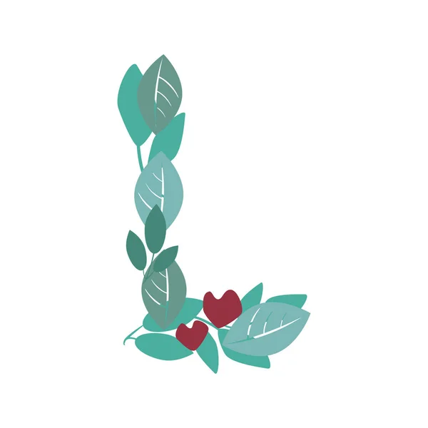 A letter L with green leaves, branches and hearts isolated on a — 스톡 벡터