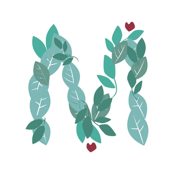 A letter M with green leaves, branches and hearts isolated on a — 스톡 벡터