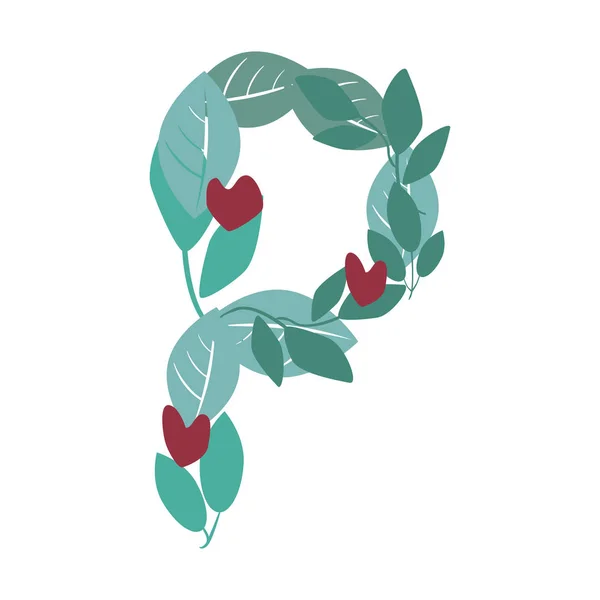A letter P with green leaves, branches and hearts isolated on a — 스톡 벡터
