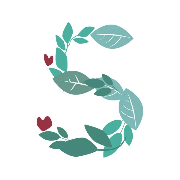 A letter S with green leaves, branches and hearts isolated on a — 스톡 벡터