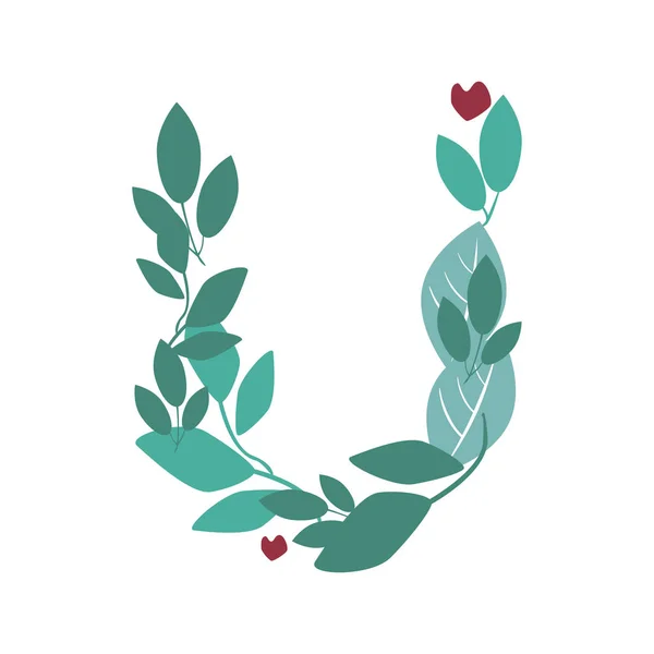 A letter U with green leaves, branches and hearts isolated on a — 스톡 벡터