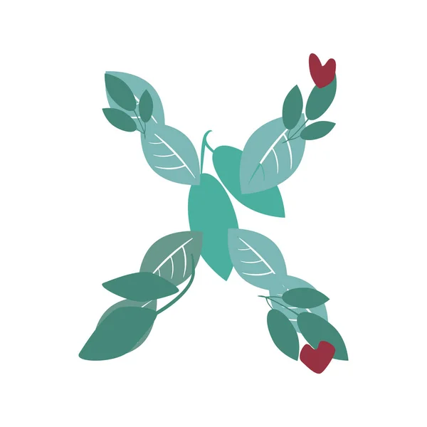 A letter X with green leaves, branches and hearts isolated on a — 스톡 벡터