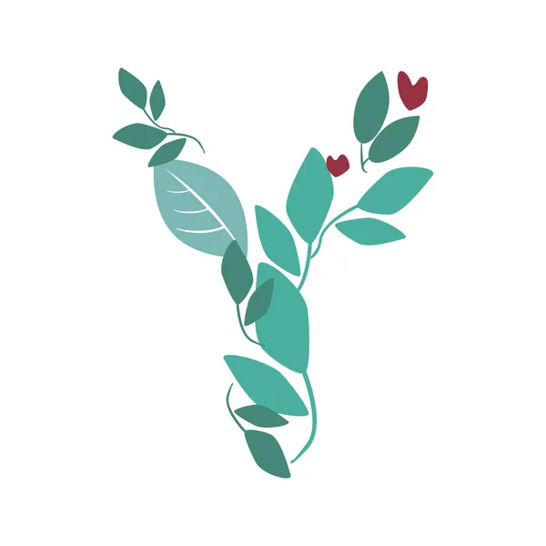 A letter Y with green leaves, branches and hearts isolated on a — 스톡 벡터