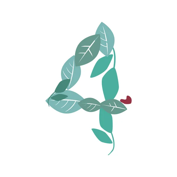 A number 4 with green leaves and branches and a heart isolated on a white background for design, a natural or eco stock vector illustration with font and single figure four — 스톡 벡터