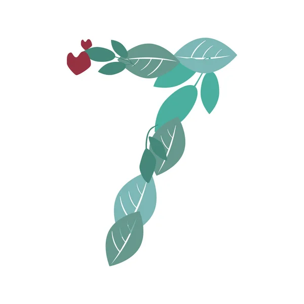 A number 7 with green leaves and branches and a heart isolated on a white background for design, a natural or eco stock vector illustration with font and single figure seven — 스톡 벡터