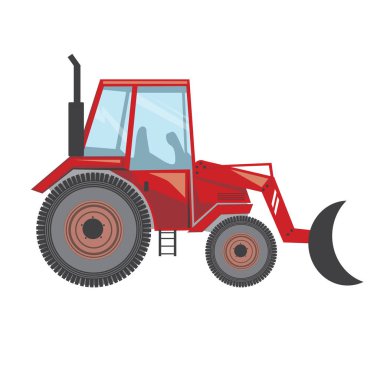 Tasarım için beyaz arkaplanda izole edilmiş bir kazıcı, bir kova ile bir traktörün düz kenar görüntüsünün vektör stoku çizimi
