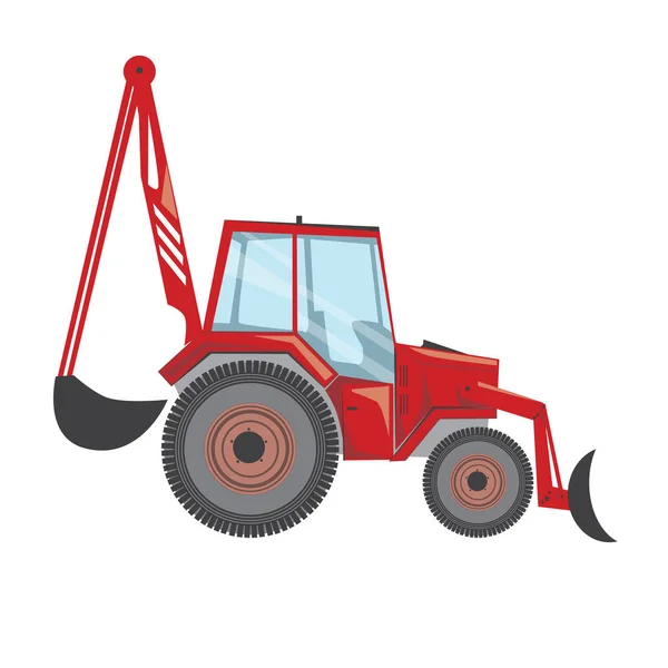 Bir kazıcı ya da kırmızı traktör tasarım için beyaz zemin üzerinde izole edilmiş, iş yerindeki bir aracın düz kenar görüntüsünün vektör stoku çizimi — Stok Vektör