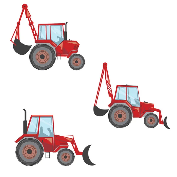 Ein Traktor oder Bagger mit Schaufel auf weißem Hintergrund, eine flache Vektor Stock Illustration mit Set oder Sammlung von Maschinen für Bauarbeiten — Stockvektor