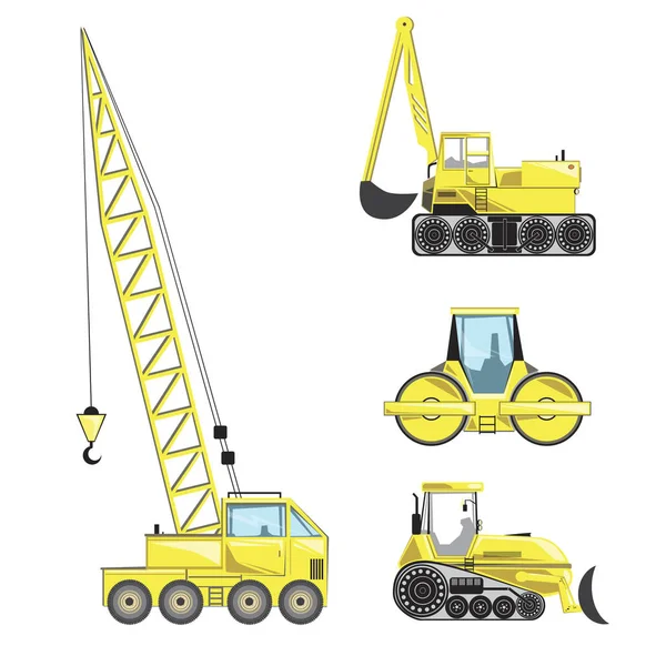 A Crane, caterpillar excavator and paver machine isolated on white background for design, a vector stock illustration with a set of construction vehicles — Stock Vector