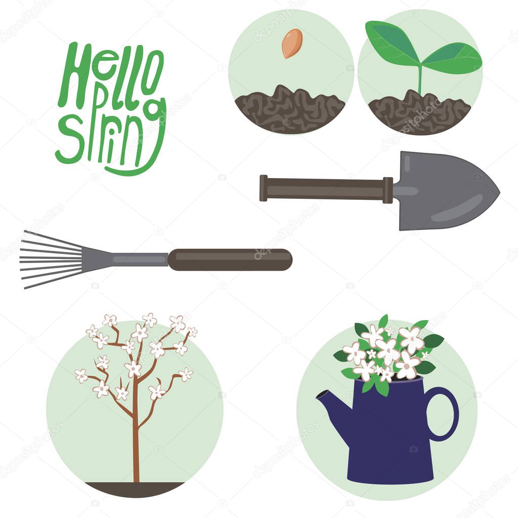 A gardening tools isolated on a white background for design. A vector stock illustration with a flat set of plant, soil, watering can, spade, broom, flowering fruit tree. The farm concept