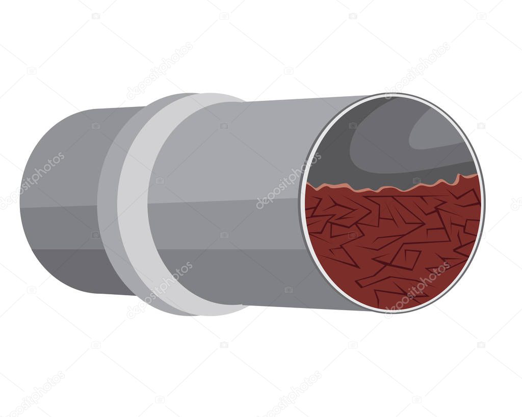 A cutaway pipe and blockage in a land irrigation pipeline isolated on a white background for design, a vector stock illustration with blockade in pipe problems concept.