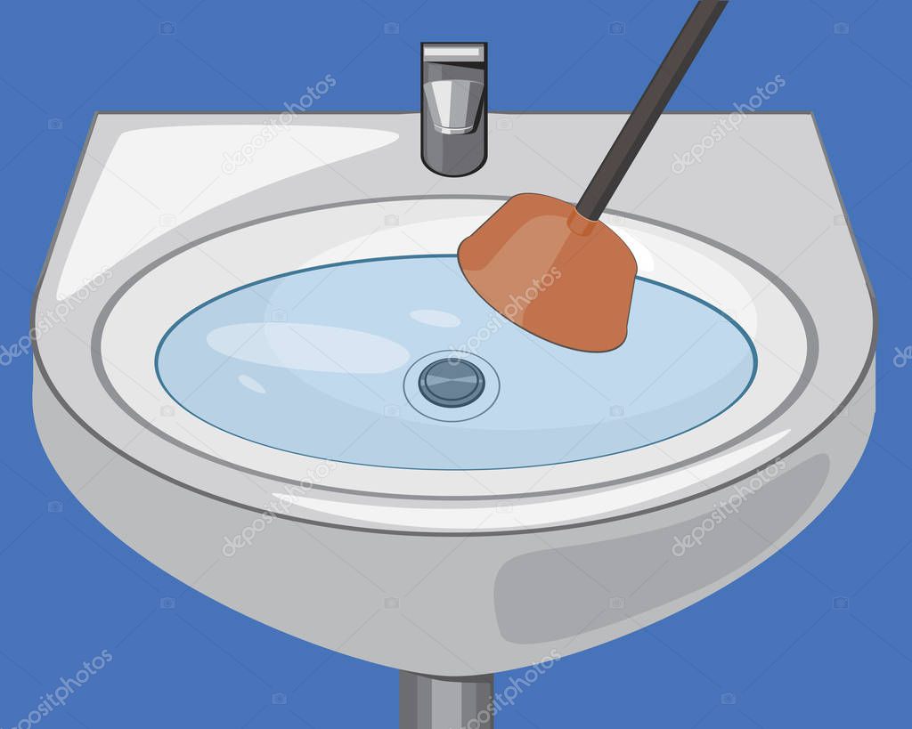 A plunger to eliminate blockade of the pipe and clogged pipeline, a vector stock illustration with sink, faucet and drain hole as a concept of plumbing problems and the work of a craftsman on a blue background