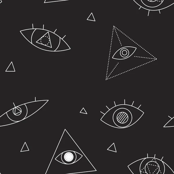 Ein lineares, nahtloses Muster für den Druck auf Stoff oder Textilien zum Thema Okkultismus und Magie auf schwarzem Hintergrund, ein Vektor-Zufallsmuster mit bösem Blick, eine gruselige Pupille und ein gepunktetes Dreieck — Stockvektor