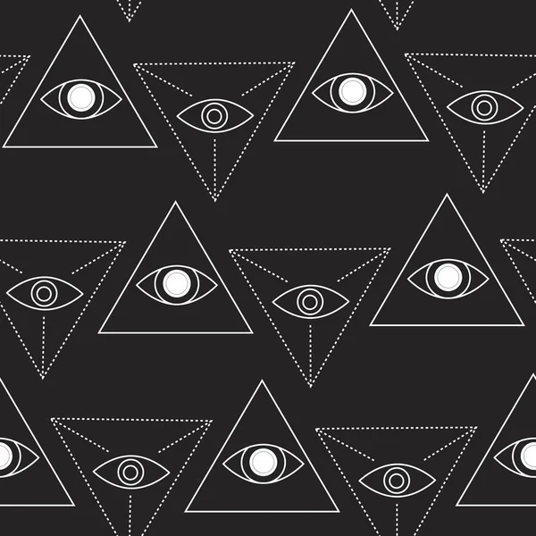 A outline seamless pattern for printing on fabric or textile on the theme of occultism and magic on a black background, a vector stock backdrop or wallpaper with a triangle and an evil eye in the center — 스톡 벡터