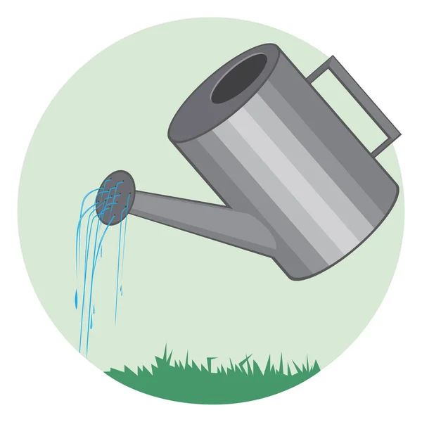 A garden watering can and water drops with a lawn isolated on white background, a flat vintage vector stock illustration in a circle as a concept of gardening and manual irrigation with tools — 스톡 벡터