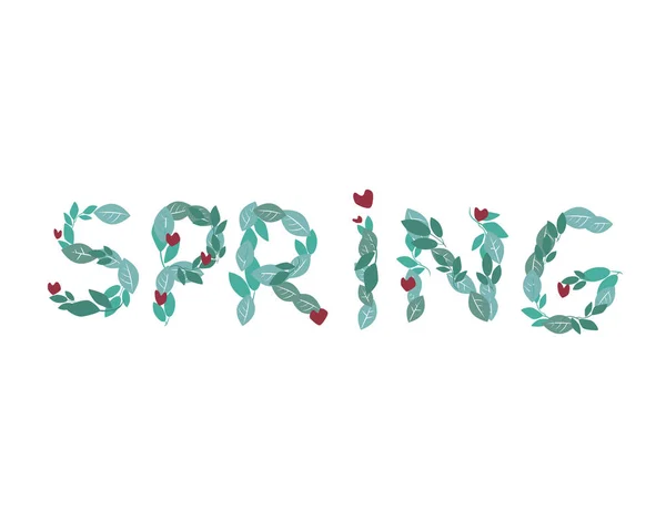 A text spring with a font of green leaves is isolated on a white background for design, a vector stock illustration with a word or letters for season — Stock Vector